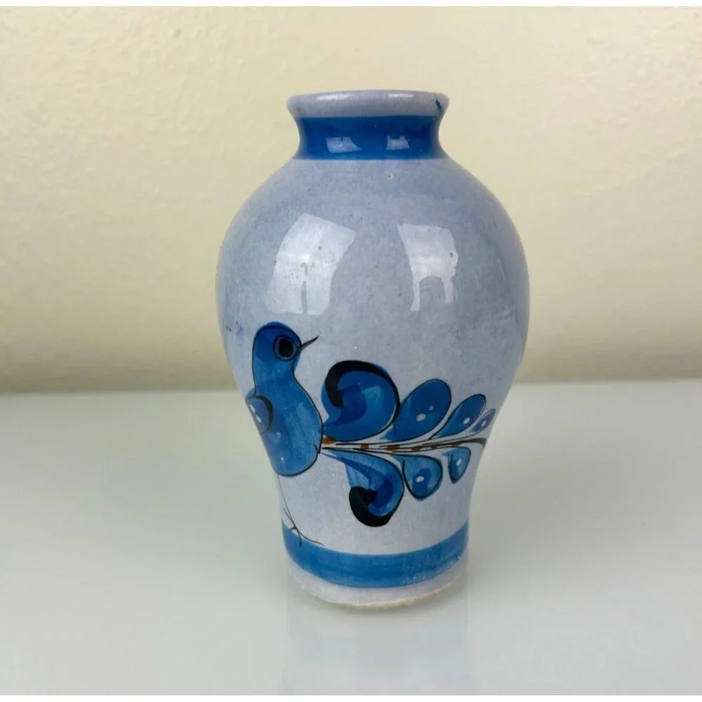 Tonala Made in Mexico Blue Bird Pottery Vase Home Decor Hand Painted 6.25" - Picture 2 of 14